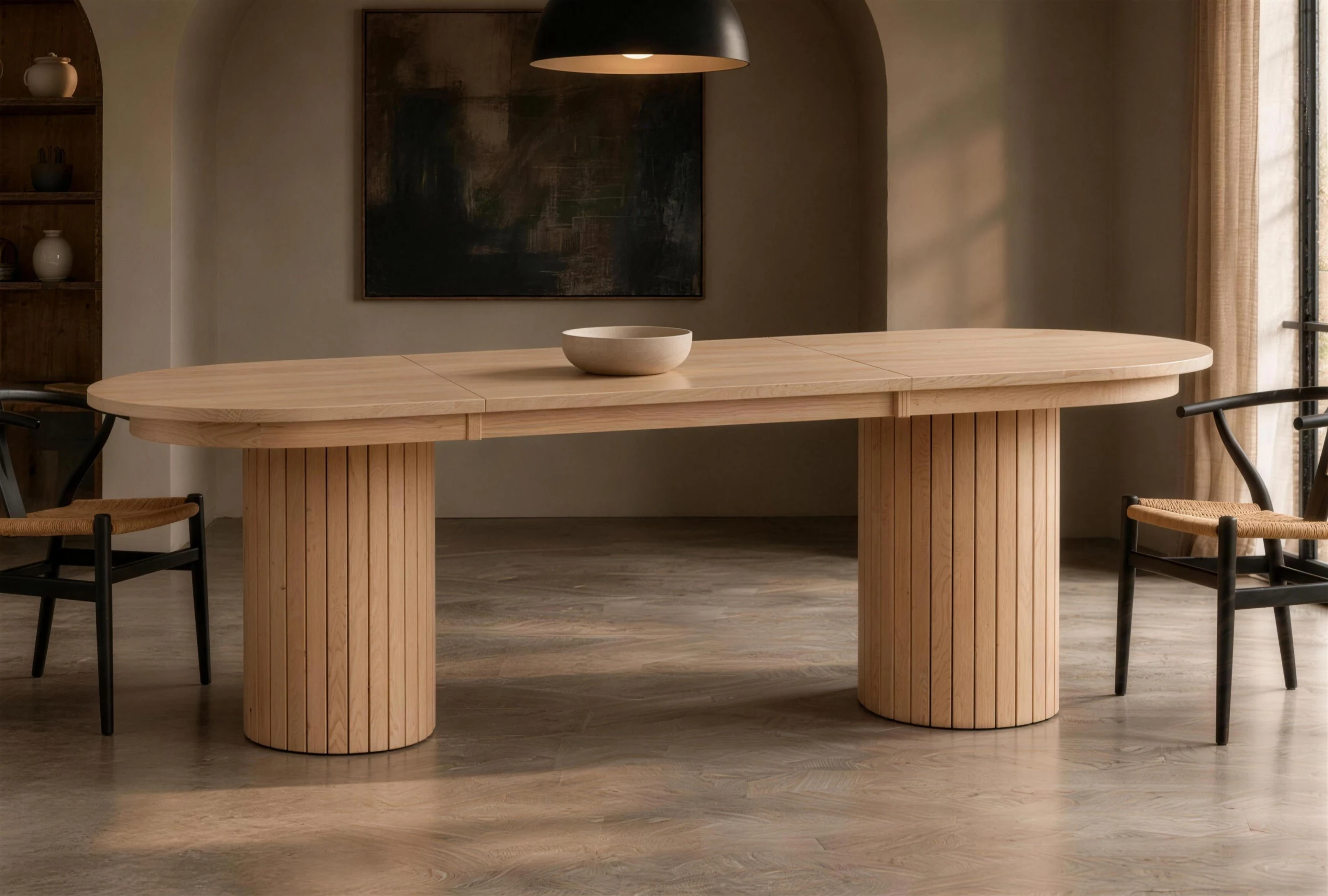 Sand white oak extension table on two fluted pedestals
