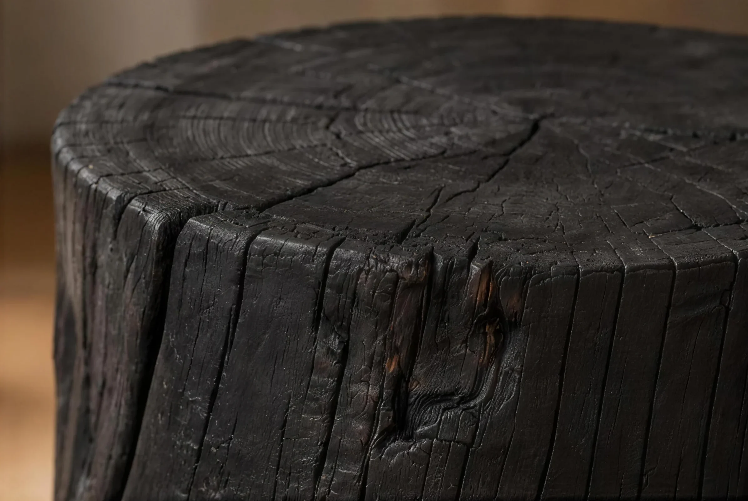 Close-up of charred, brushed end grain